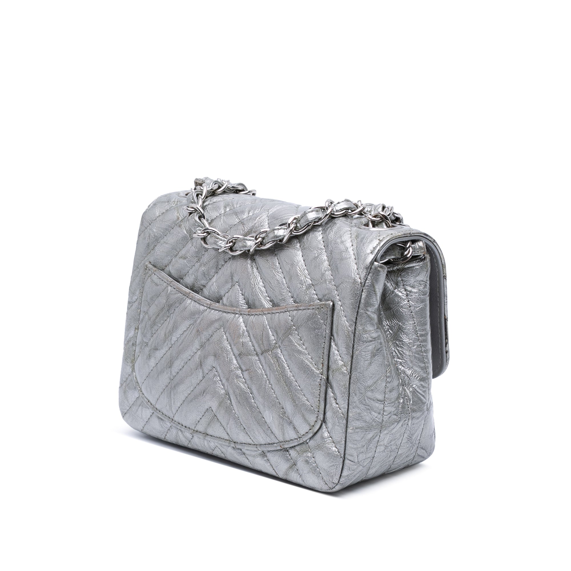 Mini Square Classic Chevron Metallic Crumpled Patent Single Flap
