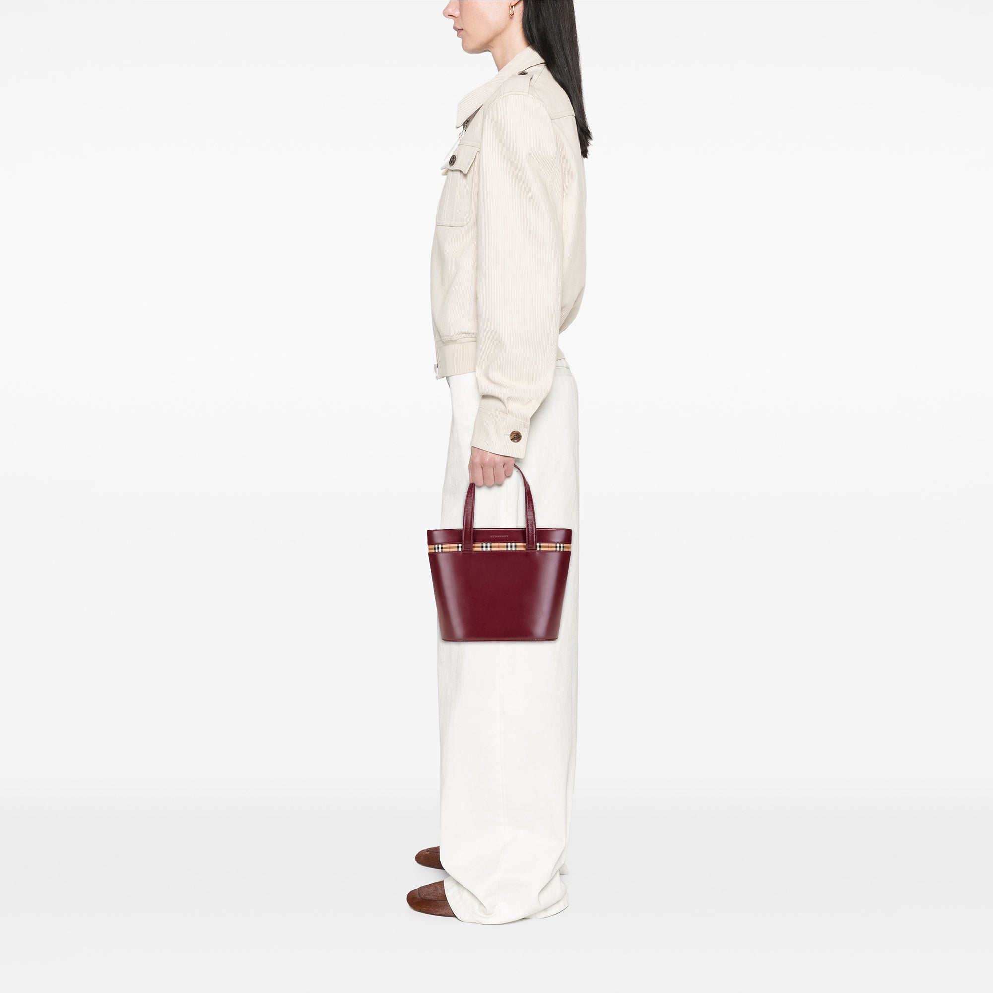 House Check Canvas Trimmed Leather Handbag
