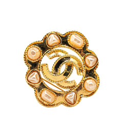 Gold Plated Faux Pearl CC Brooch