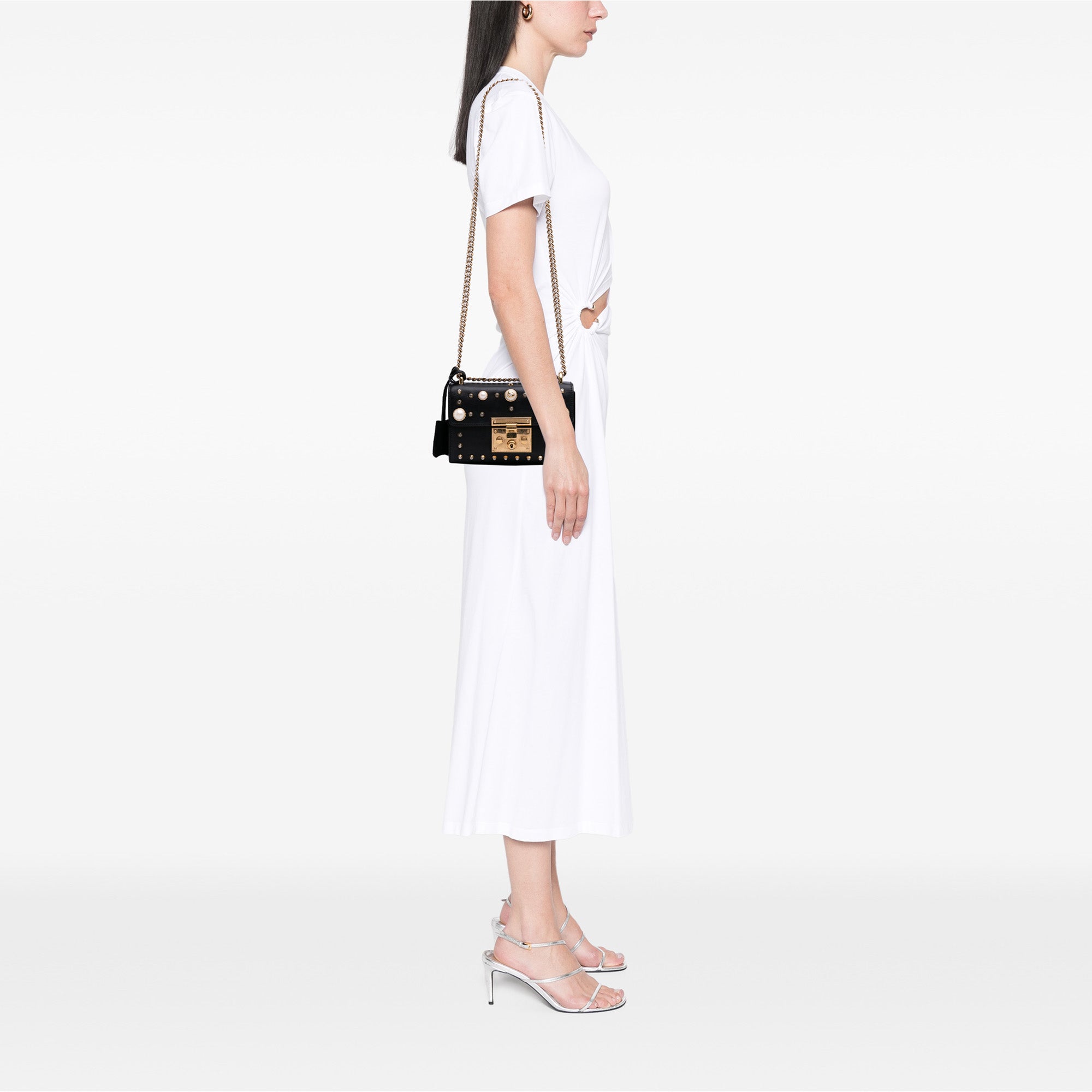 Small Pearl Studded Leather Padlock Crossbody