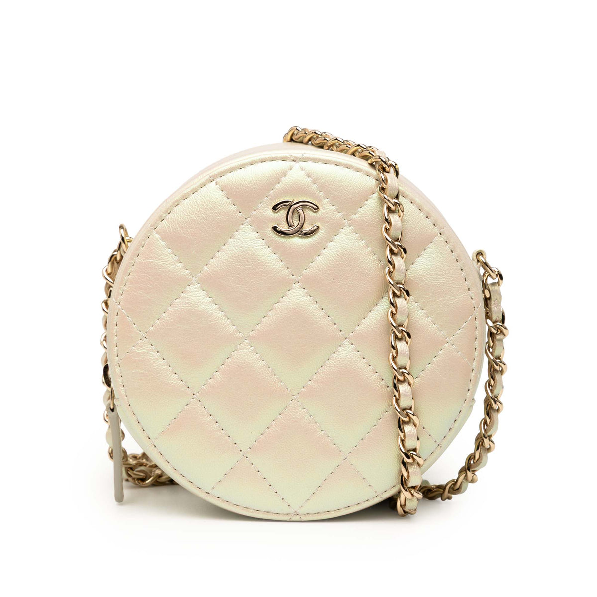 Iridescent Quilted Lambskin Round Clutch With Chain
