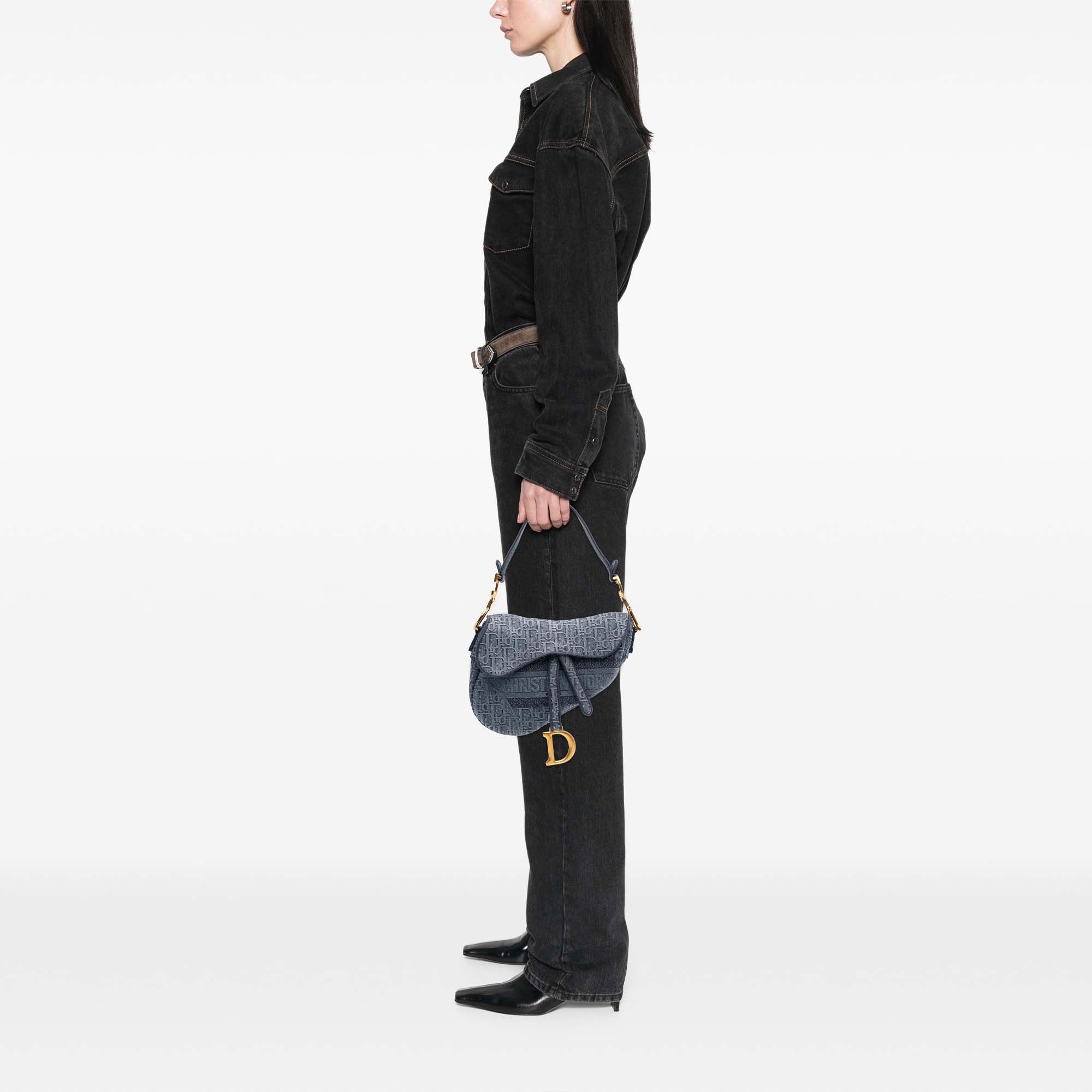Oblique Embroidered Denim Saddle Bag