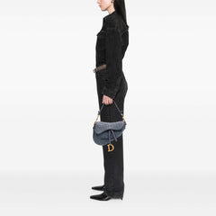 Oblique Embroidered Denim Saddle Bag