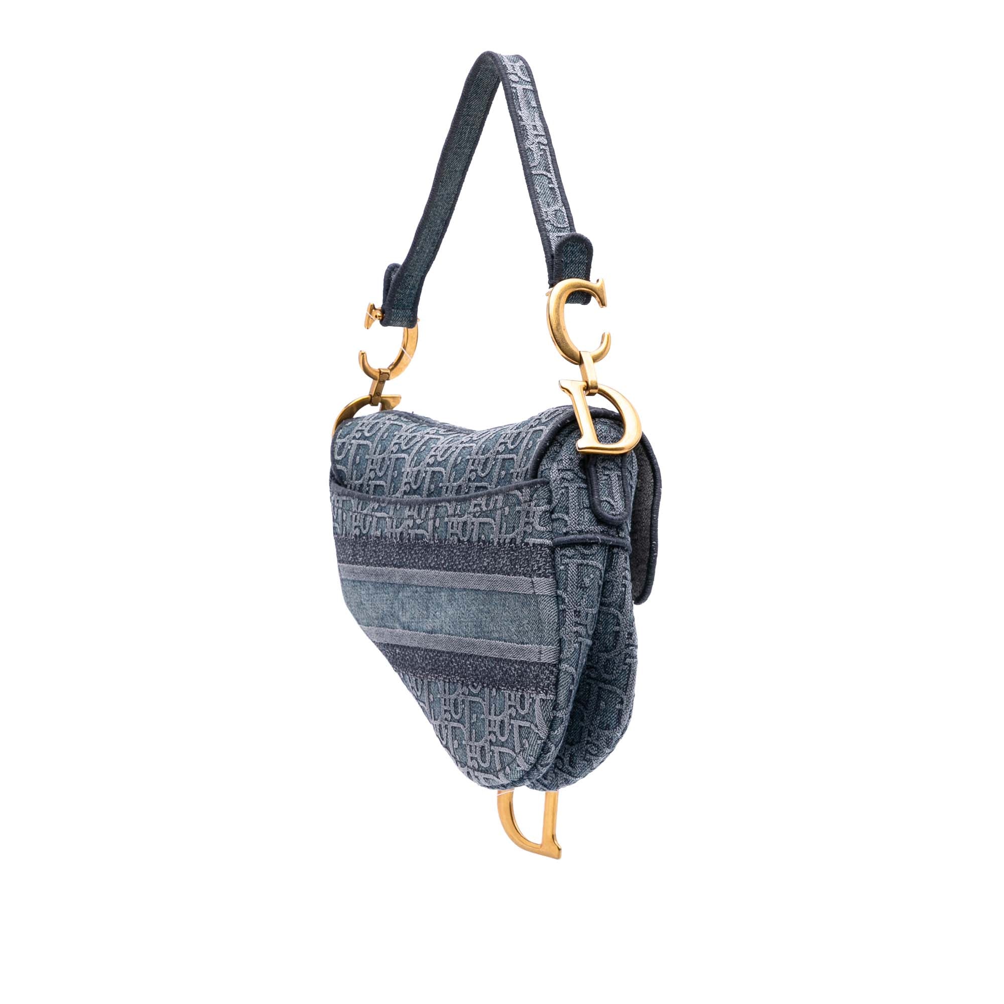 Oblique Embroidered Denim Saddle Bag