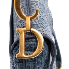 Oblique Embroidered Denim Saddle Bag
