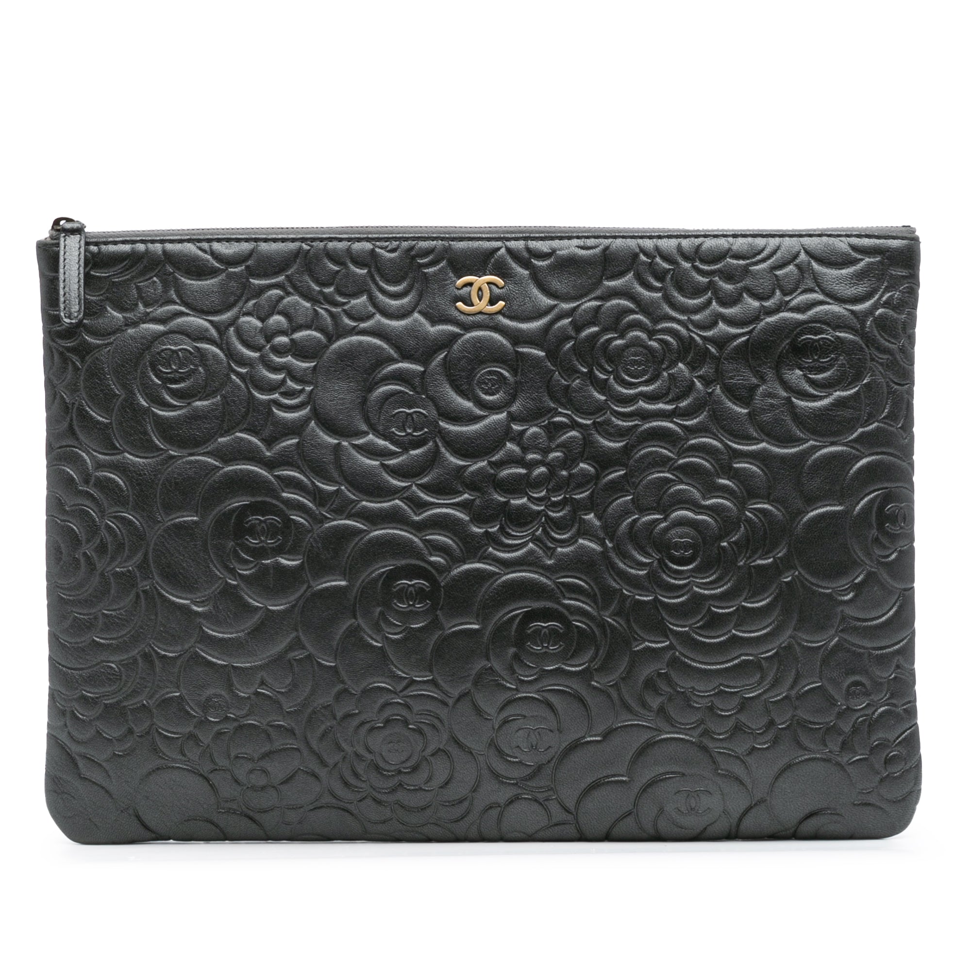 Large CC Embossed Lambskin Camellia O Case Clutch