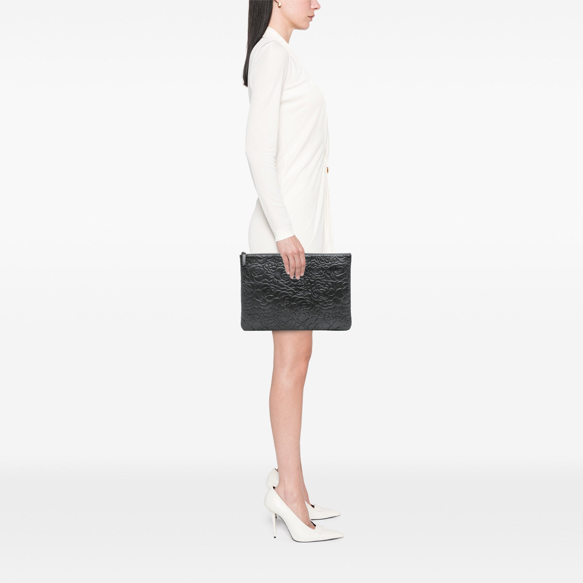 Large CC Embossed Lambskin Camellia O Case Clutch