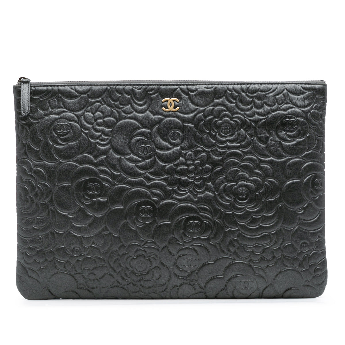 Large CC Embossed Lambskin Camellia O Case Clutch