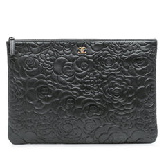 Large CC Embossed Lambskin Camellia O Case Clutch