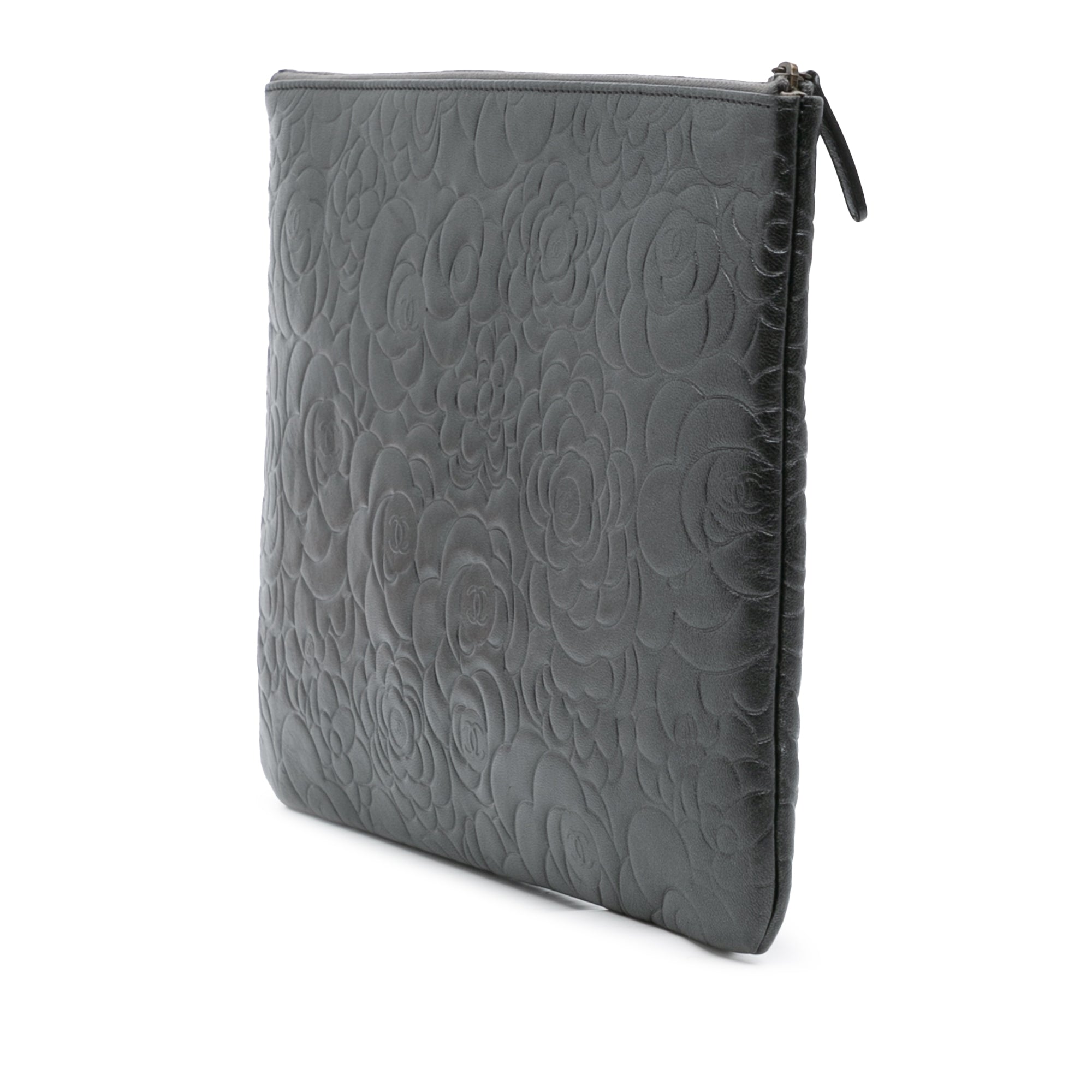 Large CC Embossed Lambskin Camellia O Case Clutch