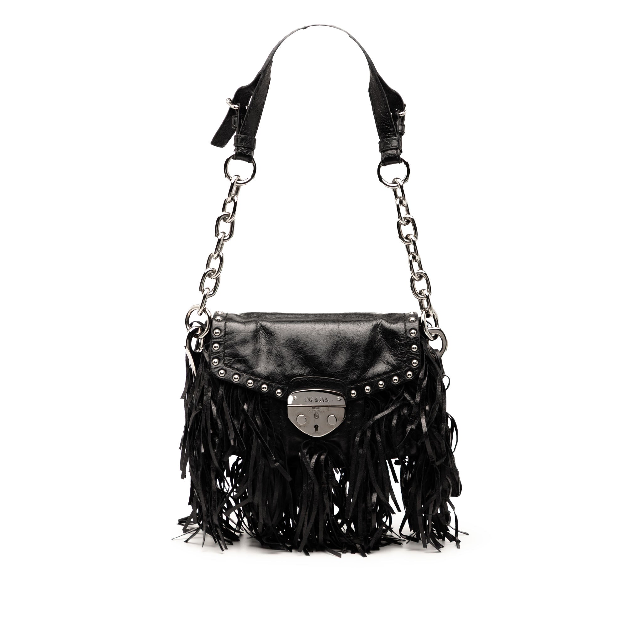 Vitello Shine Fringe Studded Flap Hobo