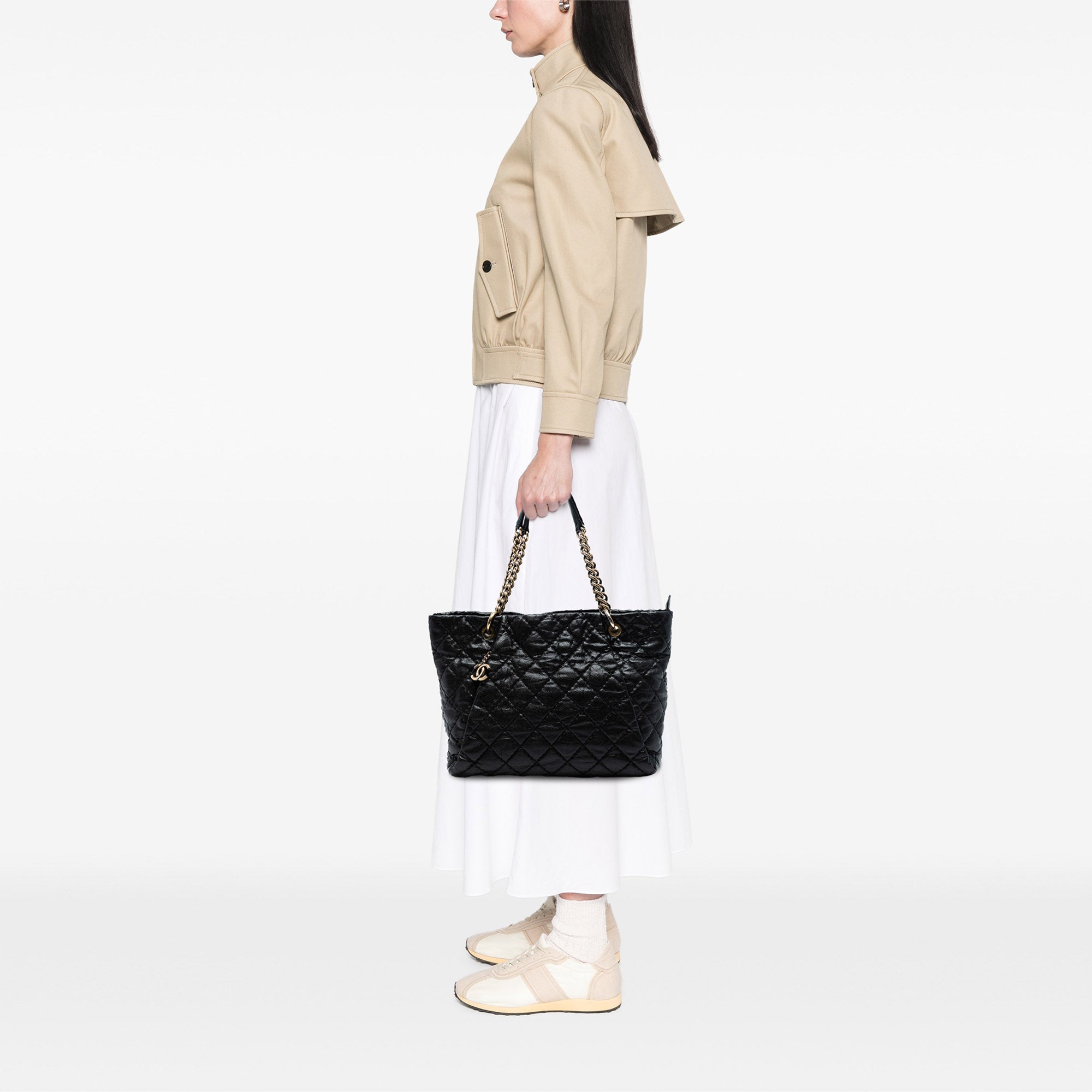 Large CC Quilted Glazed Caviar Coco Pleats Tote