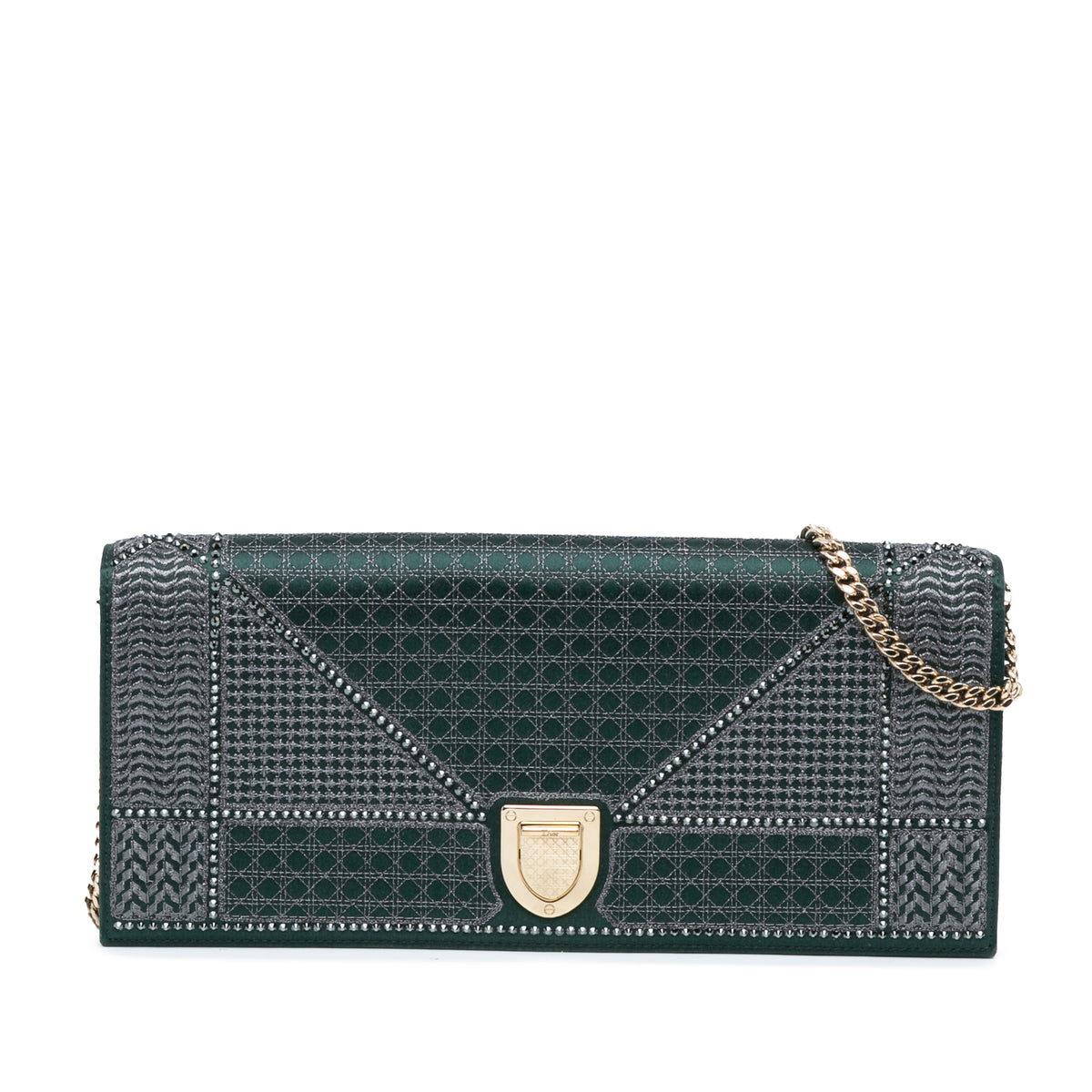 Studded Satin Microcannage Diorama Clutch with Chain