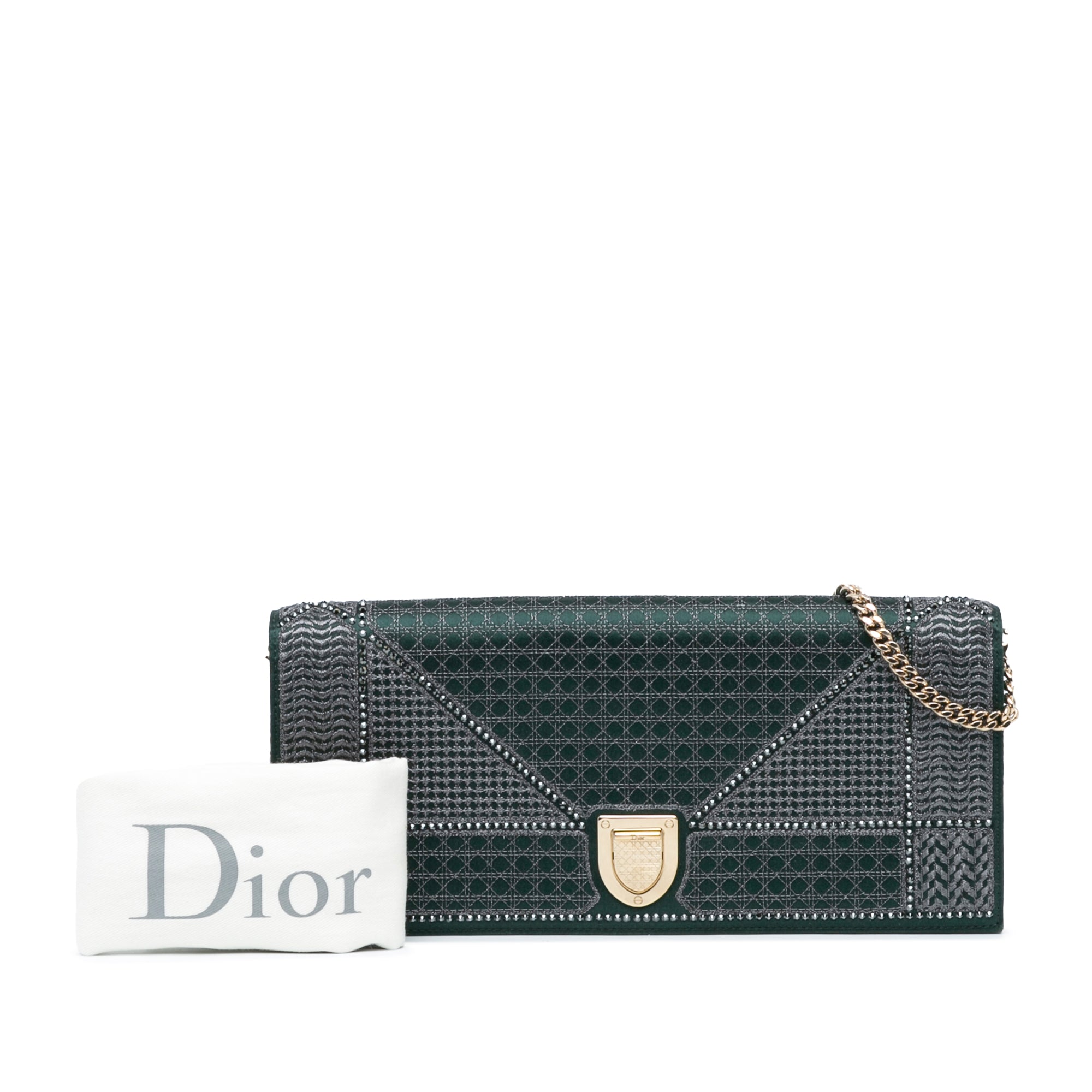 Studded Satin Microcannage Diorama Clutch with Chain