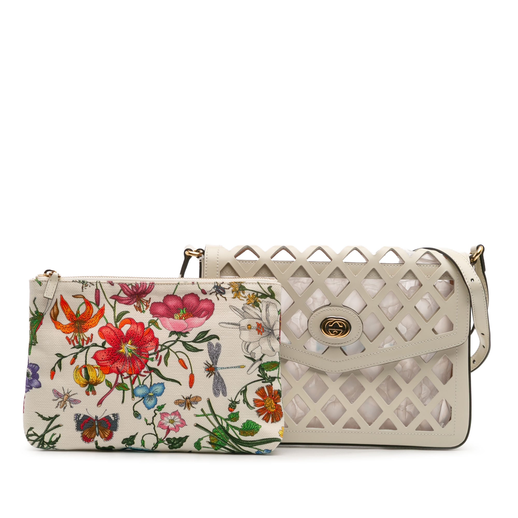 Medium Cutout Leather and Flora Canvas Traforata Flap Crossbody