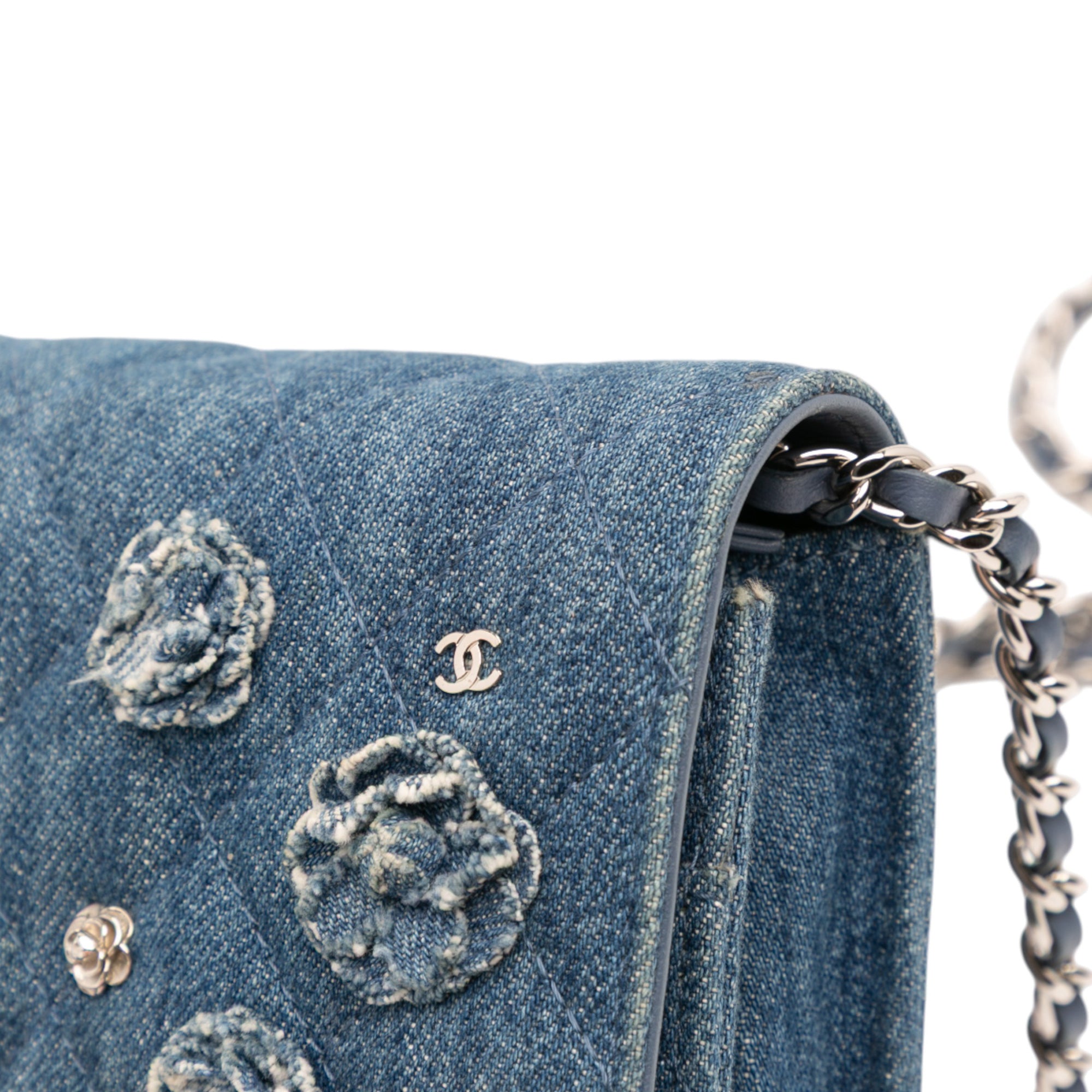 Quilted Denim Camellia Wallet On Chain Denim