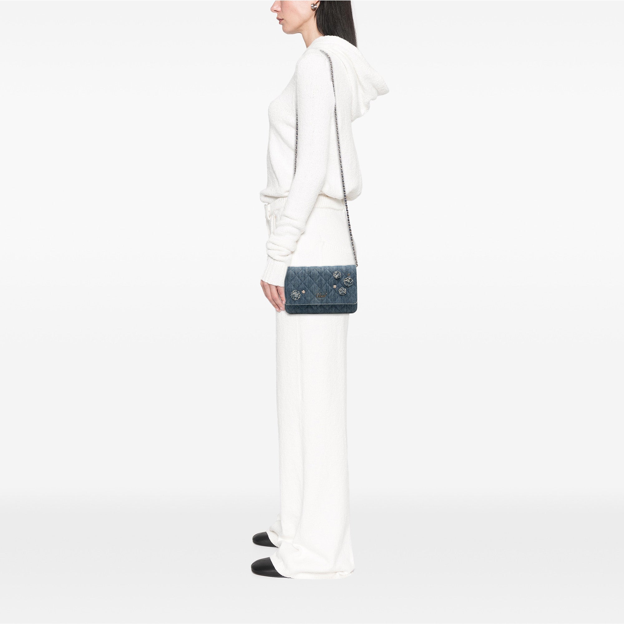 Quilted Denim Camellia Wallet On Chain Denim