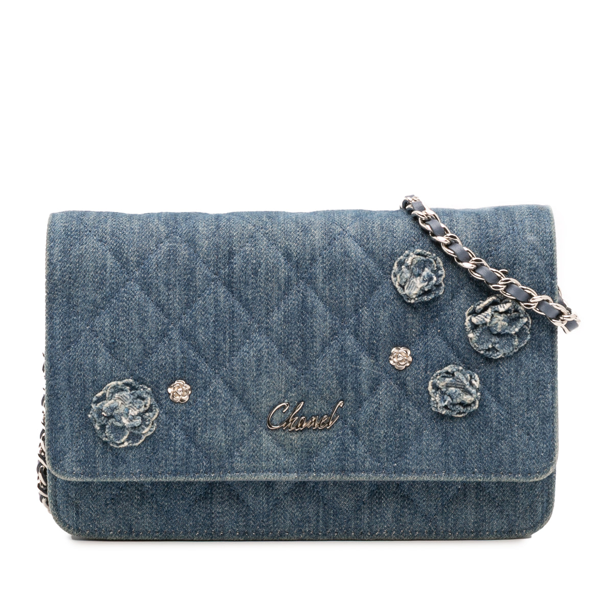 Quilted Denim Camellia Wallet On Chain Denim