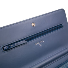 Quilted Denim Camellia Wallet On Chain Denim