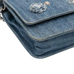 Quilted Denim Camellia Wallet On Chain Denim