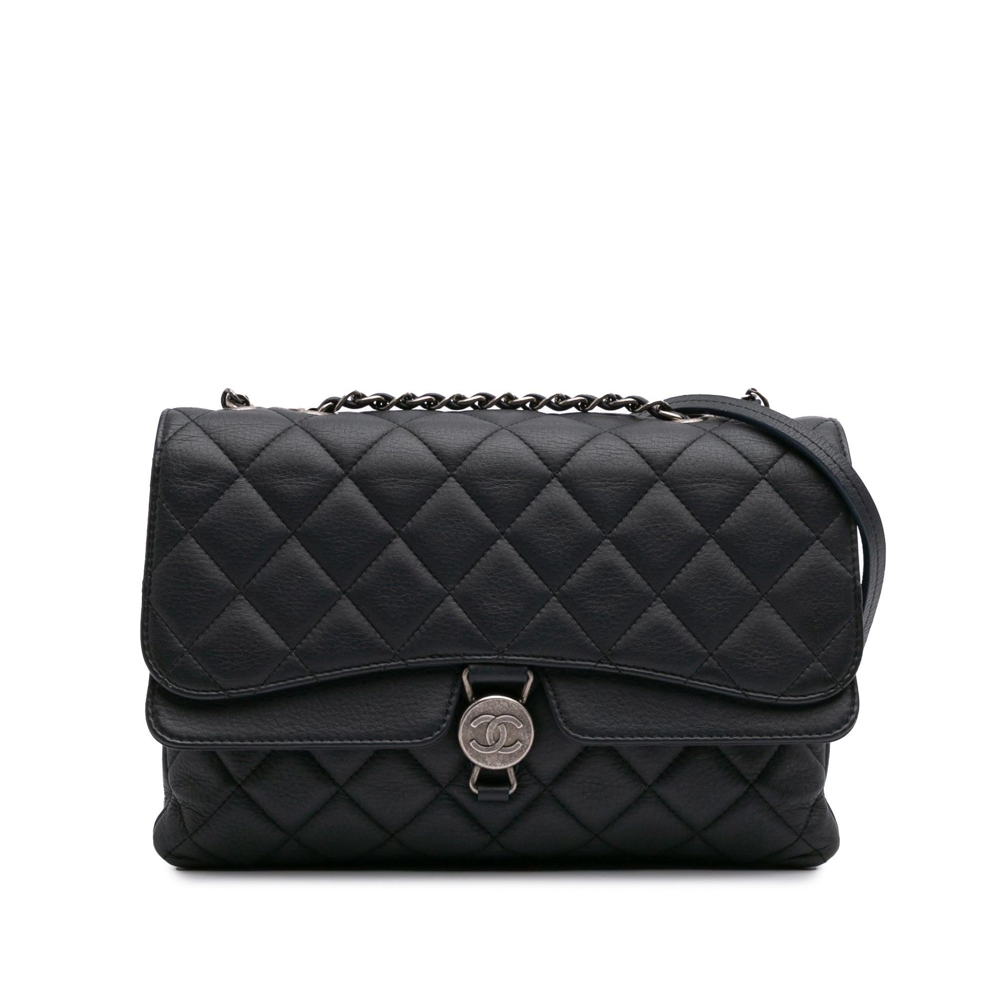 Small Quilted Grained Calfskin CC Round Clasp Accordion Flap