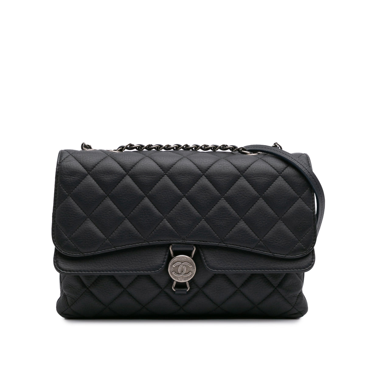 Small Quilted Grained Calfskin CC Round Clasp Accordion Flap