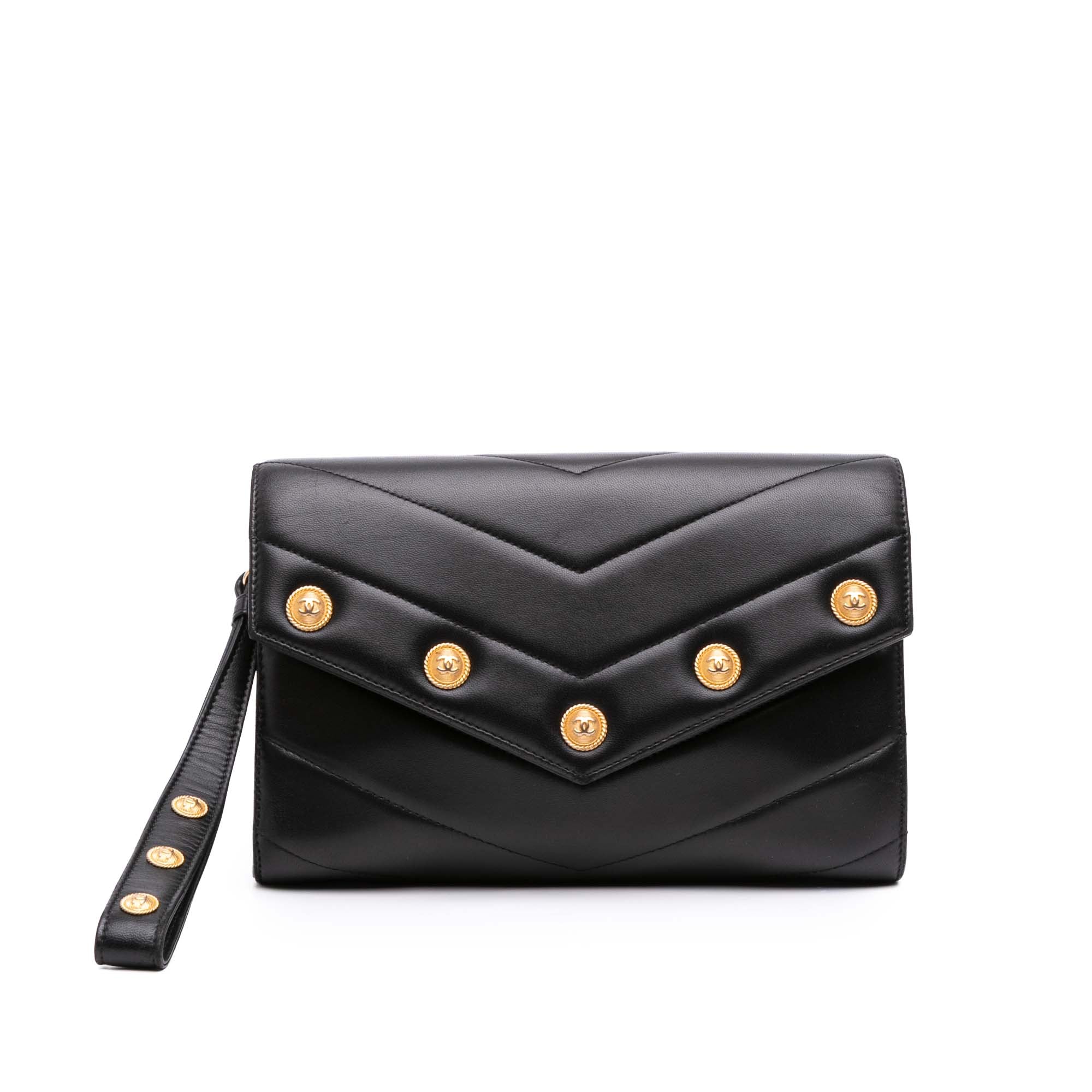 Chevron Lambskin CC Medallion Button Flap Clutch