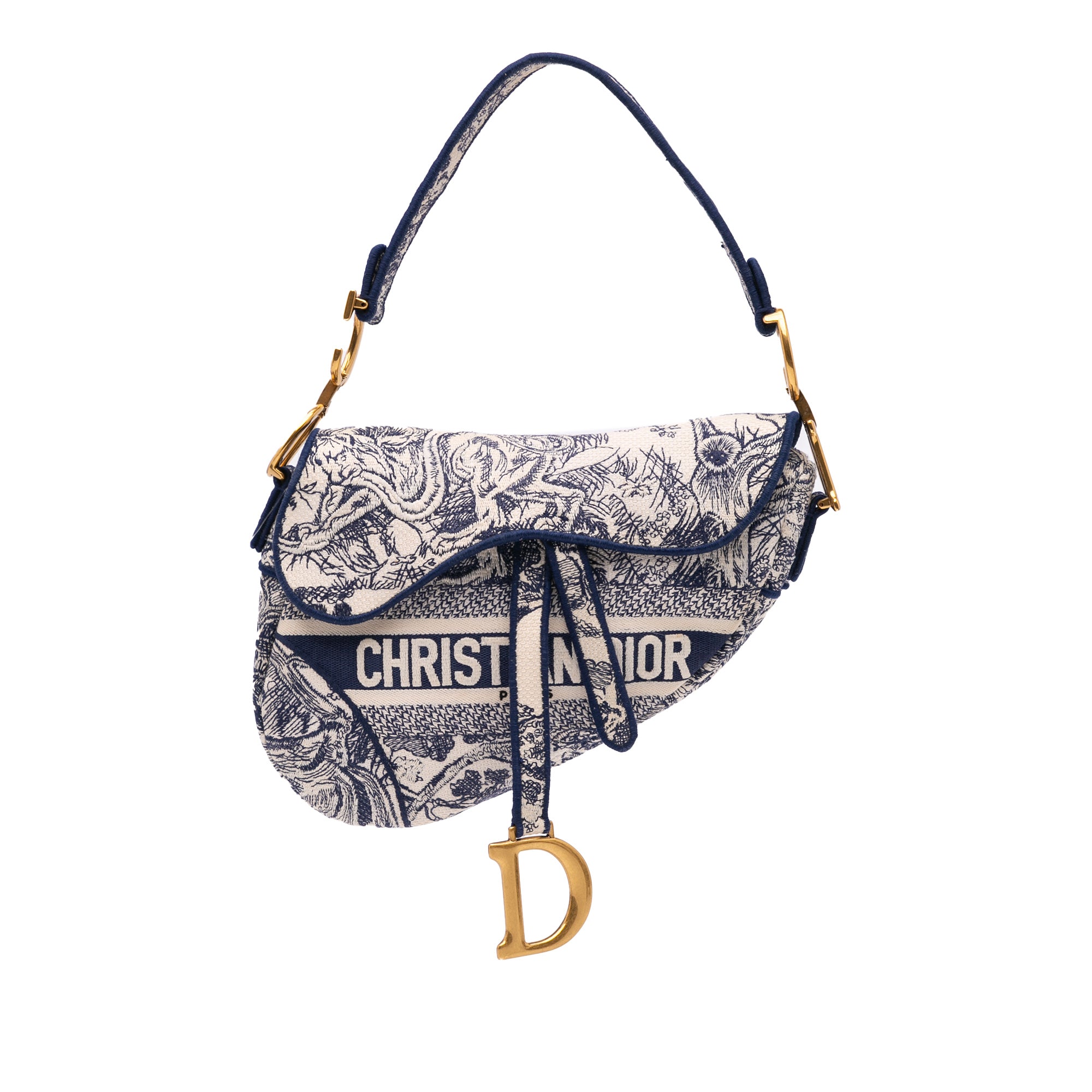 Canvas Embroidered Toile de Jouy Saddle Bag