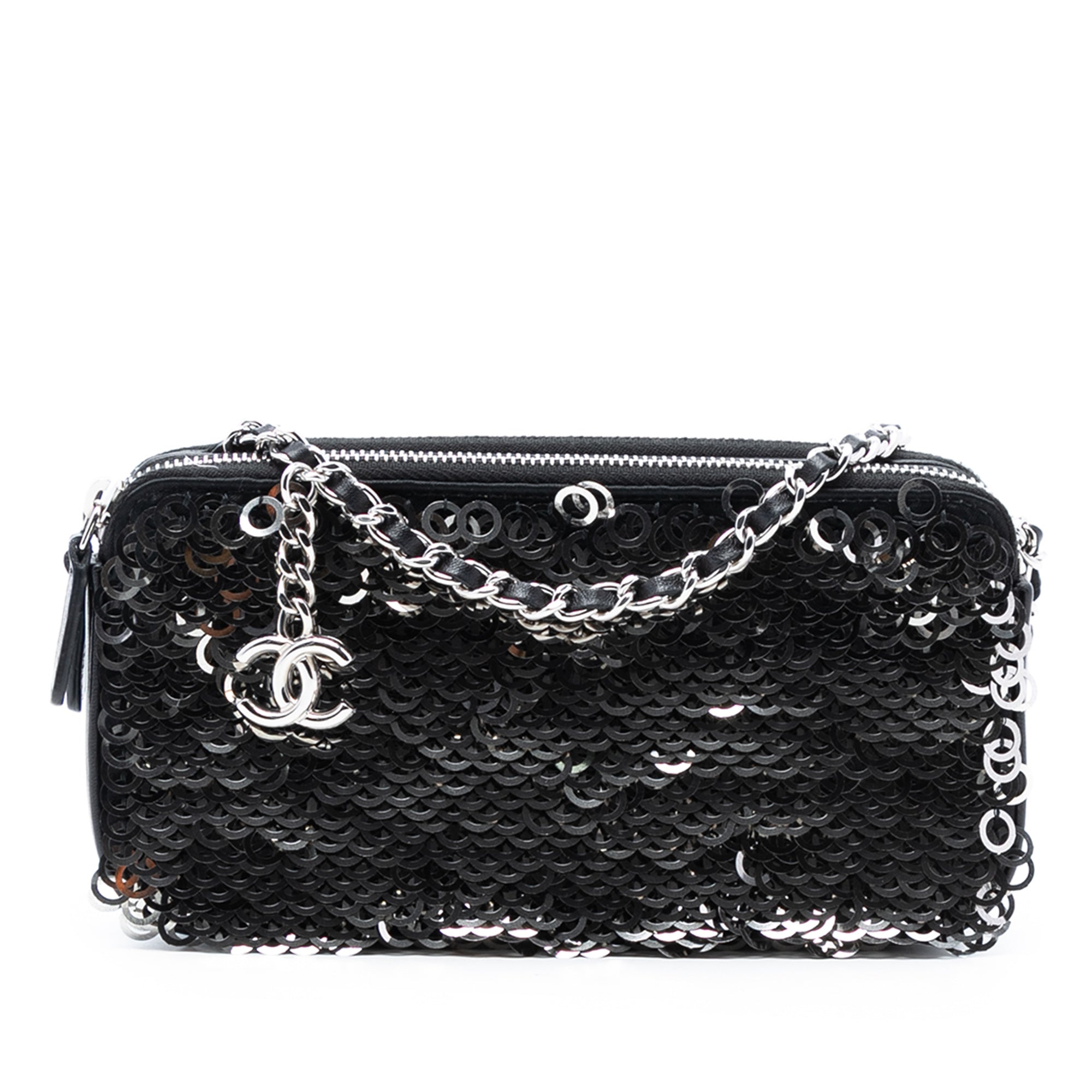 CC Calfskin and Sequin Double Zip Wallet on Chain