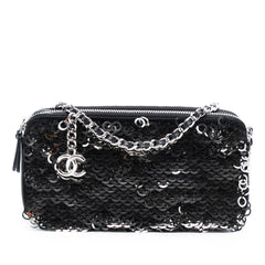 CC Calfskin and Sequin Double Zip Wallet on Chain
