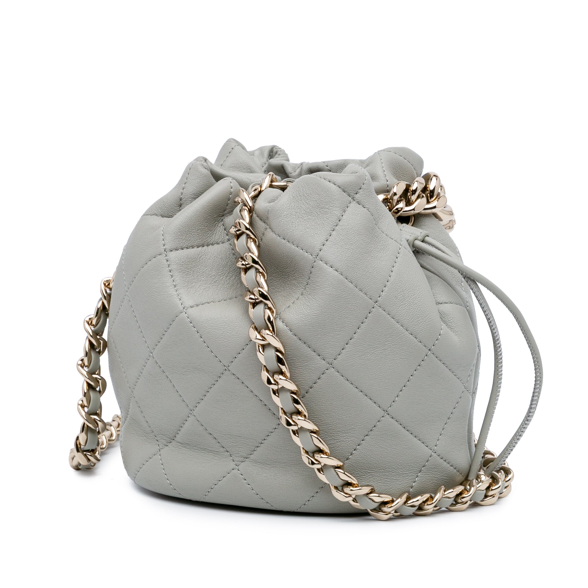 CC Quilted Calfskin Resin Bi-Color Chain Bucket Bag