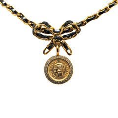 Leather and Gold Plated Medallion Bow Pendant Necklace