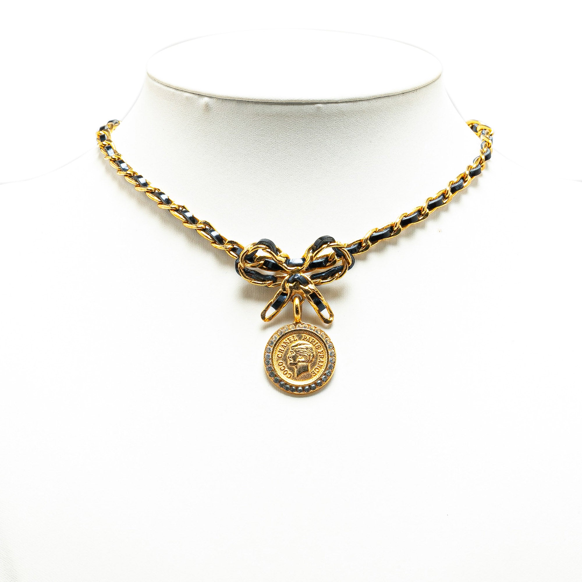Leather and Gold Plated Medallion Bow Pendant Necklace