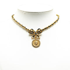 Leather and Gold Plated Medallion Bow Pendant Necklace