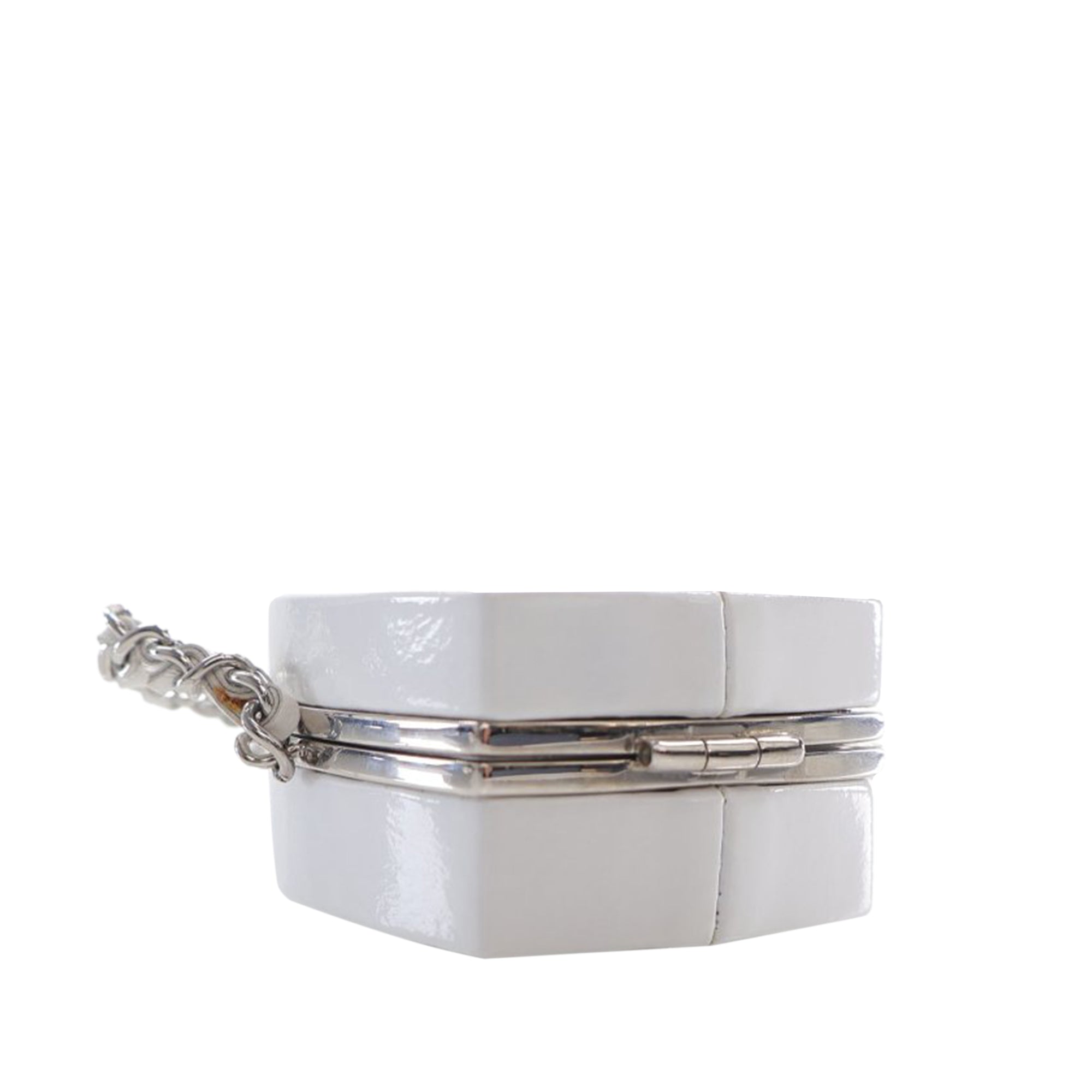 Patent Goatskin Make-Up Box Clutch With Chain