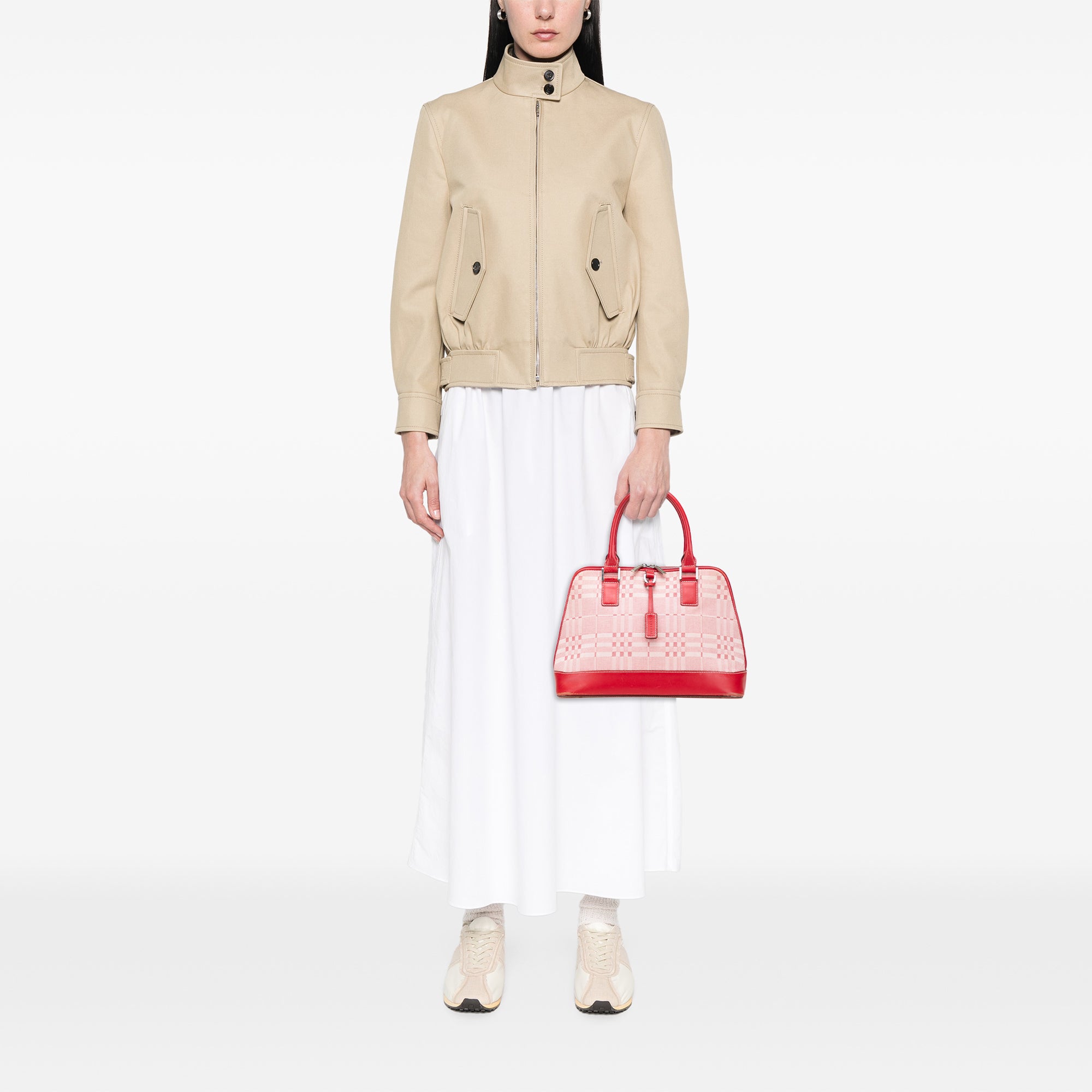 Leather Trimmed Tonal Check Canvas Dome Handbag
