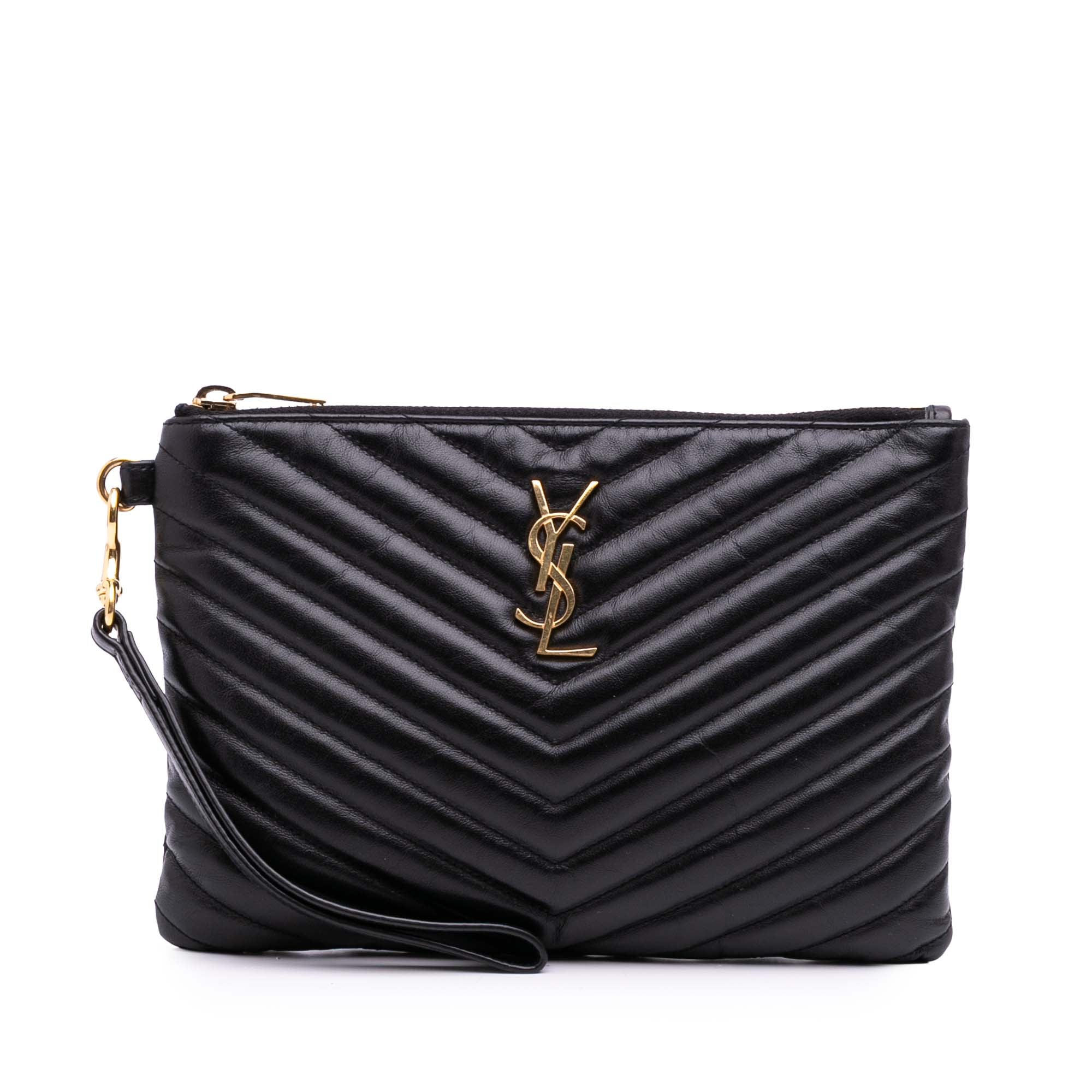 Matelasse Chevron Leather Monogram Zip A5 Wristlet Pouch
