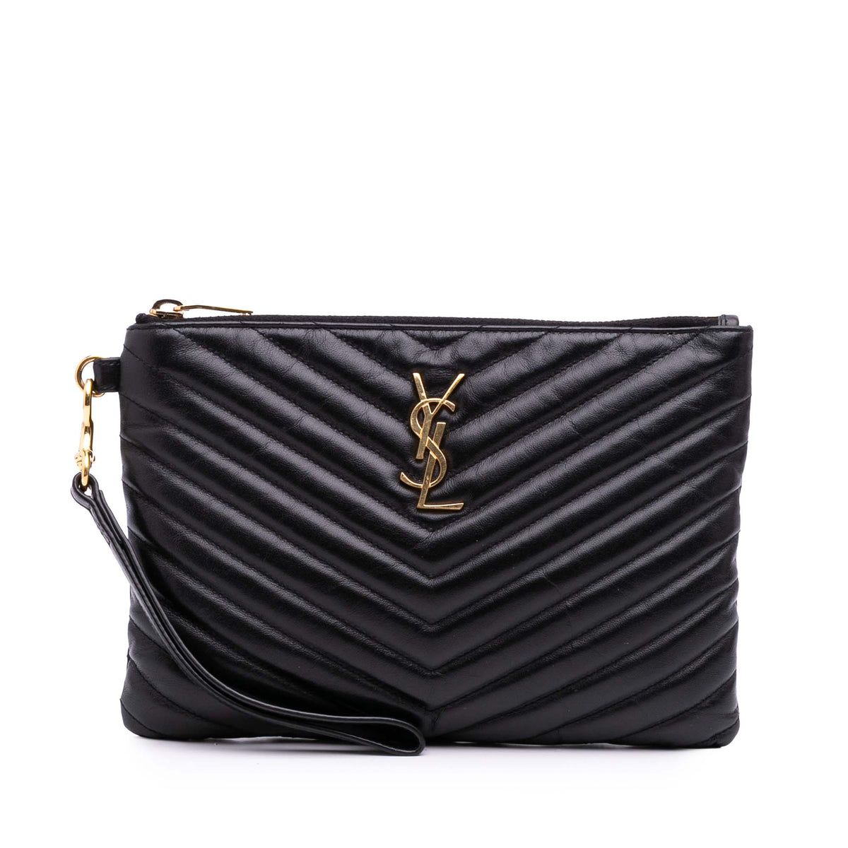 Matelasse Chevron Leather Monogram Zip A5 Wristlet Pouch