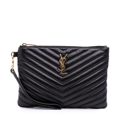 Matelasse Chevron Leather Monogram Zip A5 Wristlet Pouch
