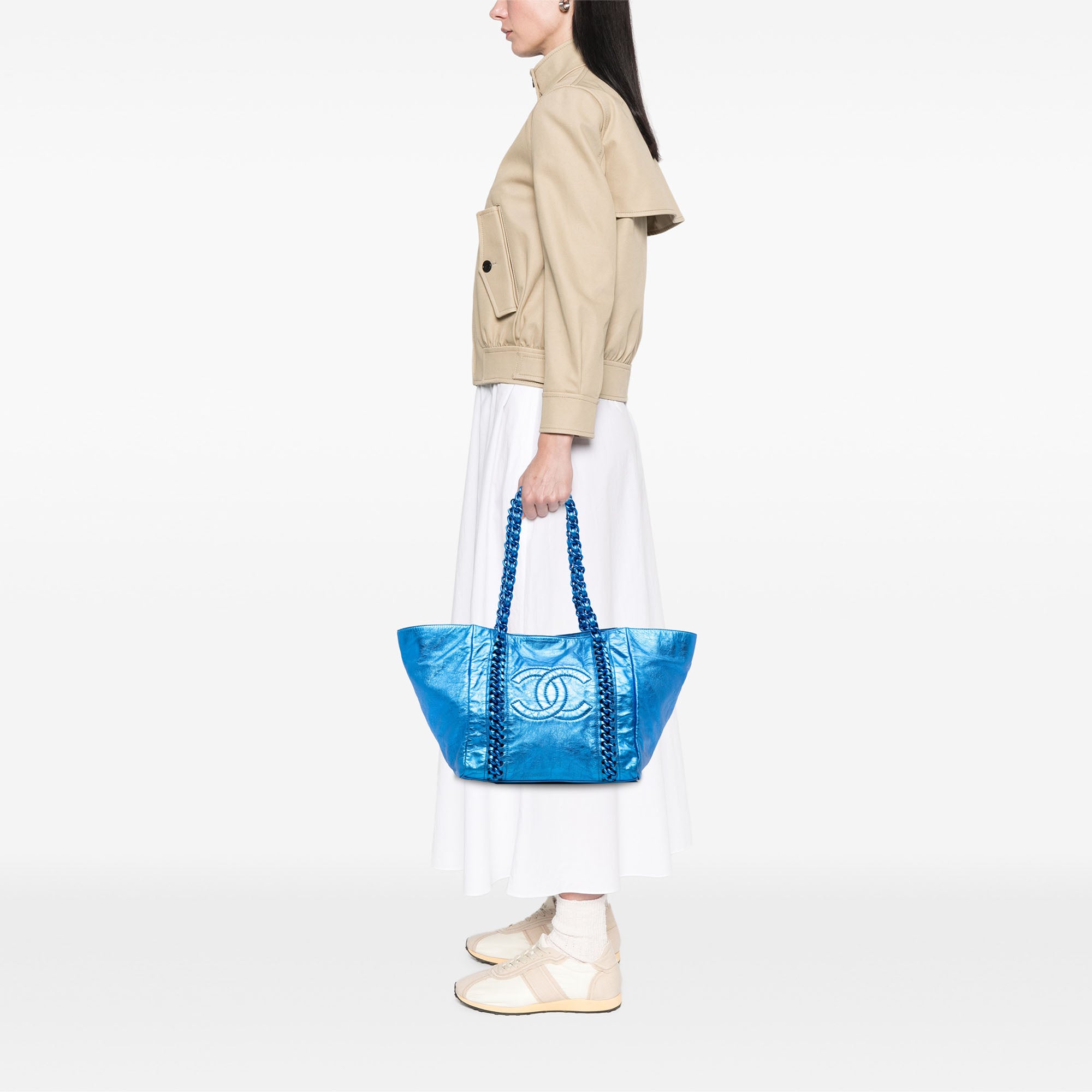 Medium Cracked Metallic Calfskin Modern Chain Tote