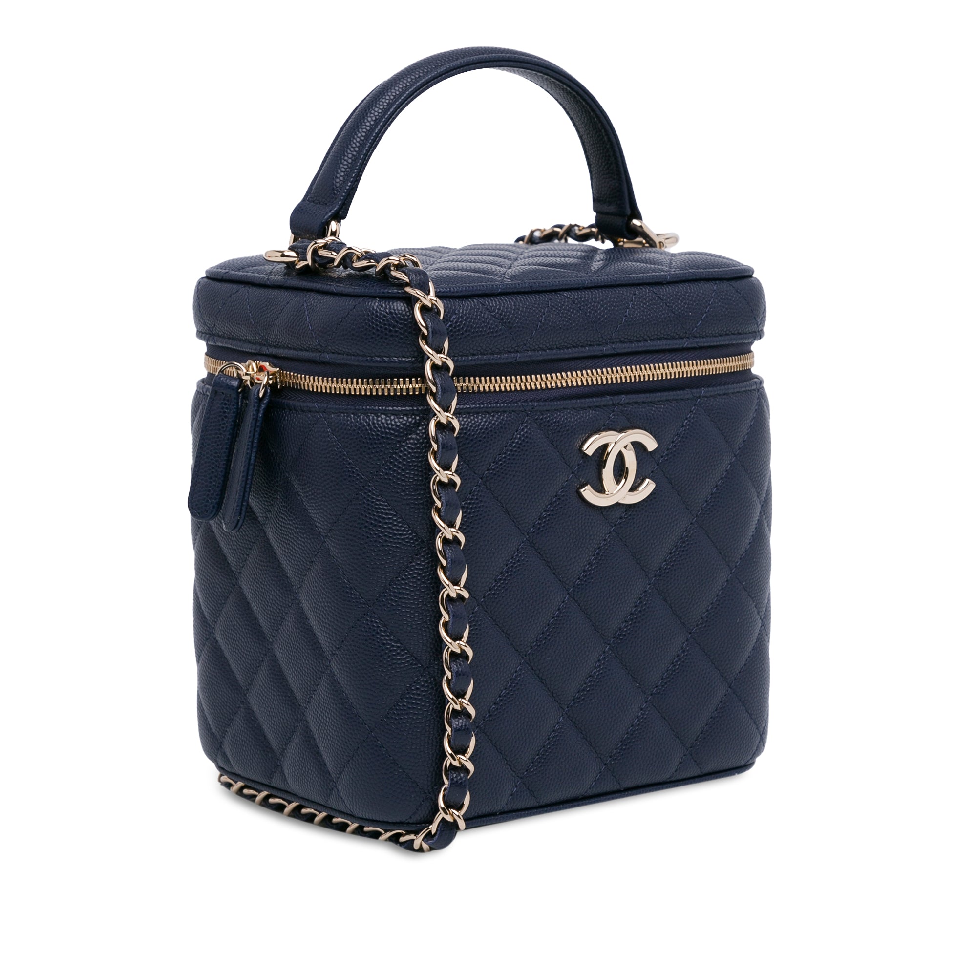 CC Quilted Caviar Top Handle Vanity Case with Chain