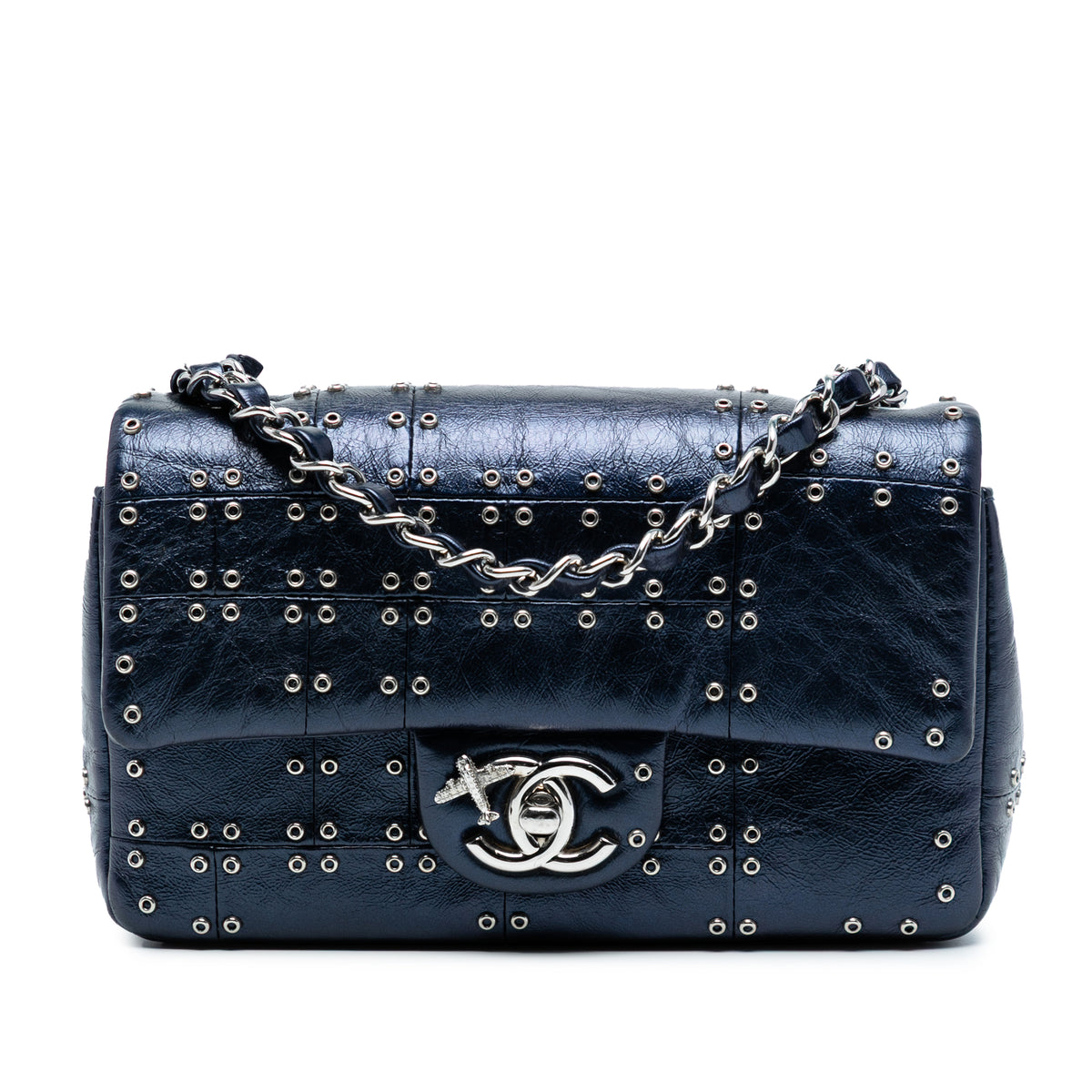 Mini Rectangular Classic Glazed Calfskin Studded Airlines Single Flap