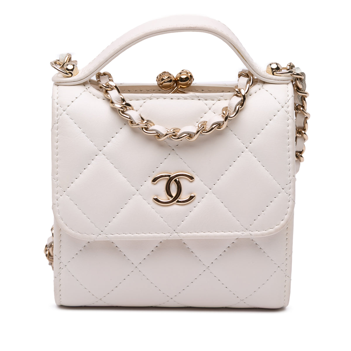 Mini CC Quilted Lambskin Kiss Lock Frame Top Handle Clutch with Chain