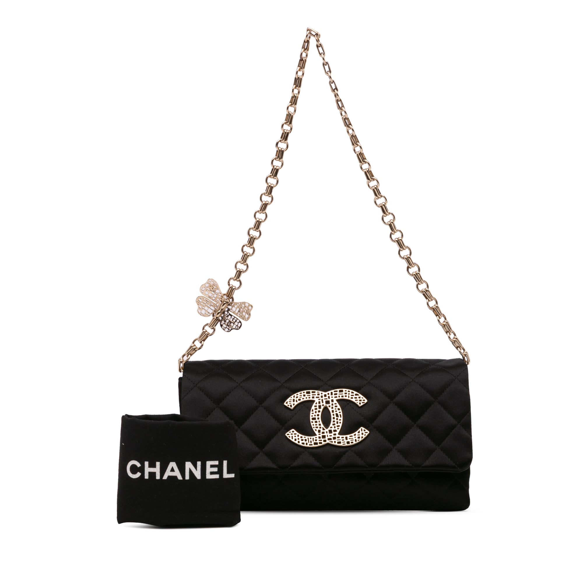CC Quilted Satin Butterfly Chain Clutch