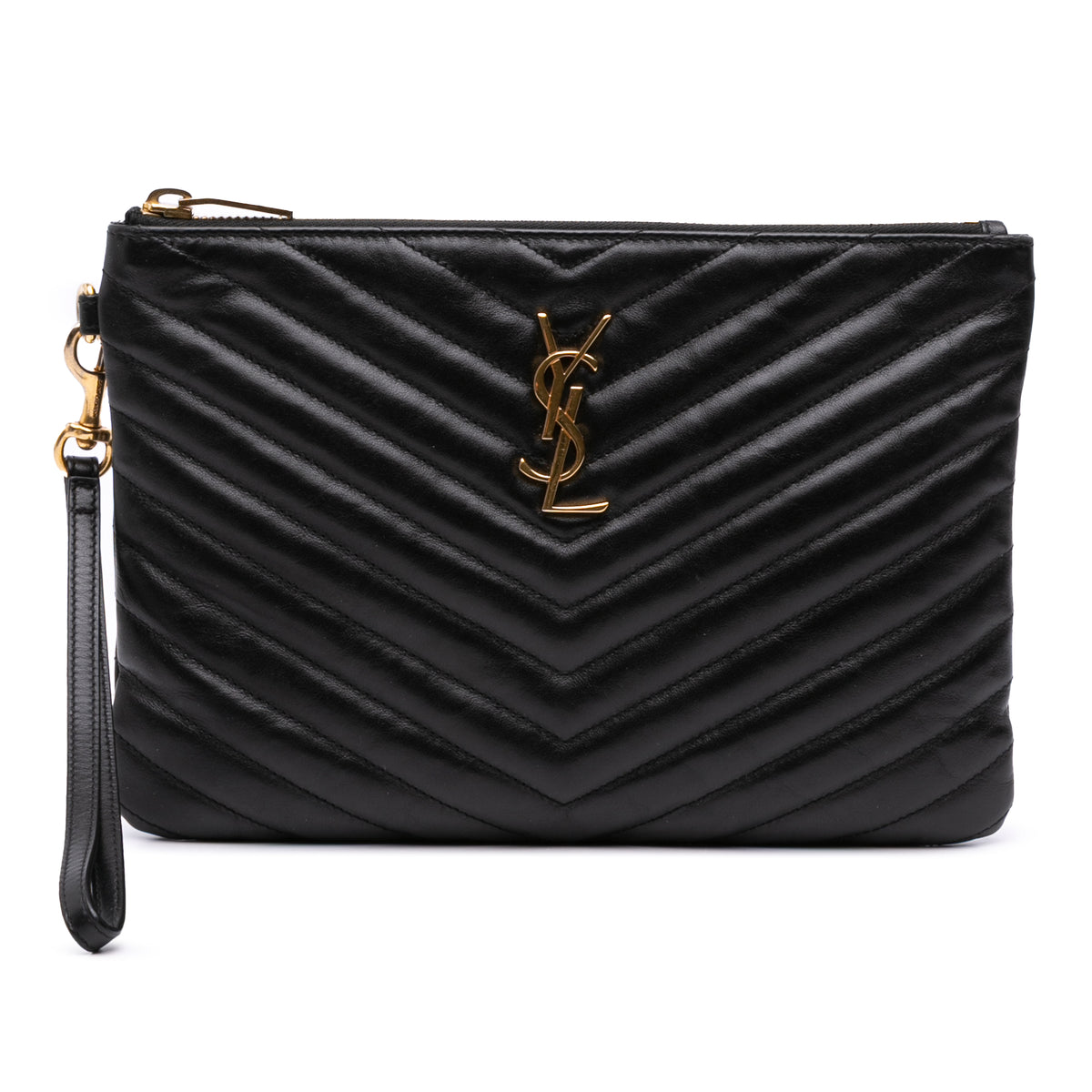 Chevron Leather Monogram Zip A5 Wristlet Pouch