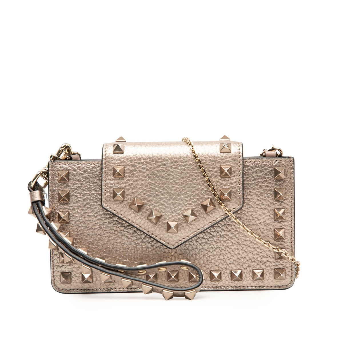 Metallic Pebbled Calfskin Rockstud Phone Case with Chain