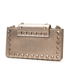 Metallic Pebbled Calfskin Rockstud Phone Case with Chain