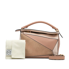 Small Tricolor Calfskin and Suede Puzzle Satchel