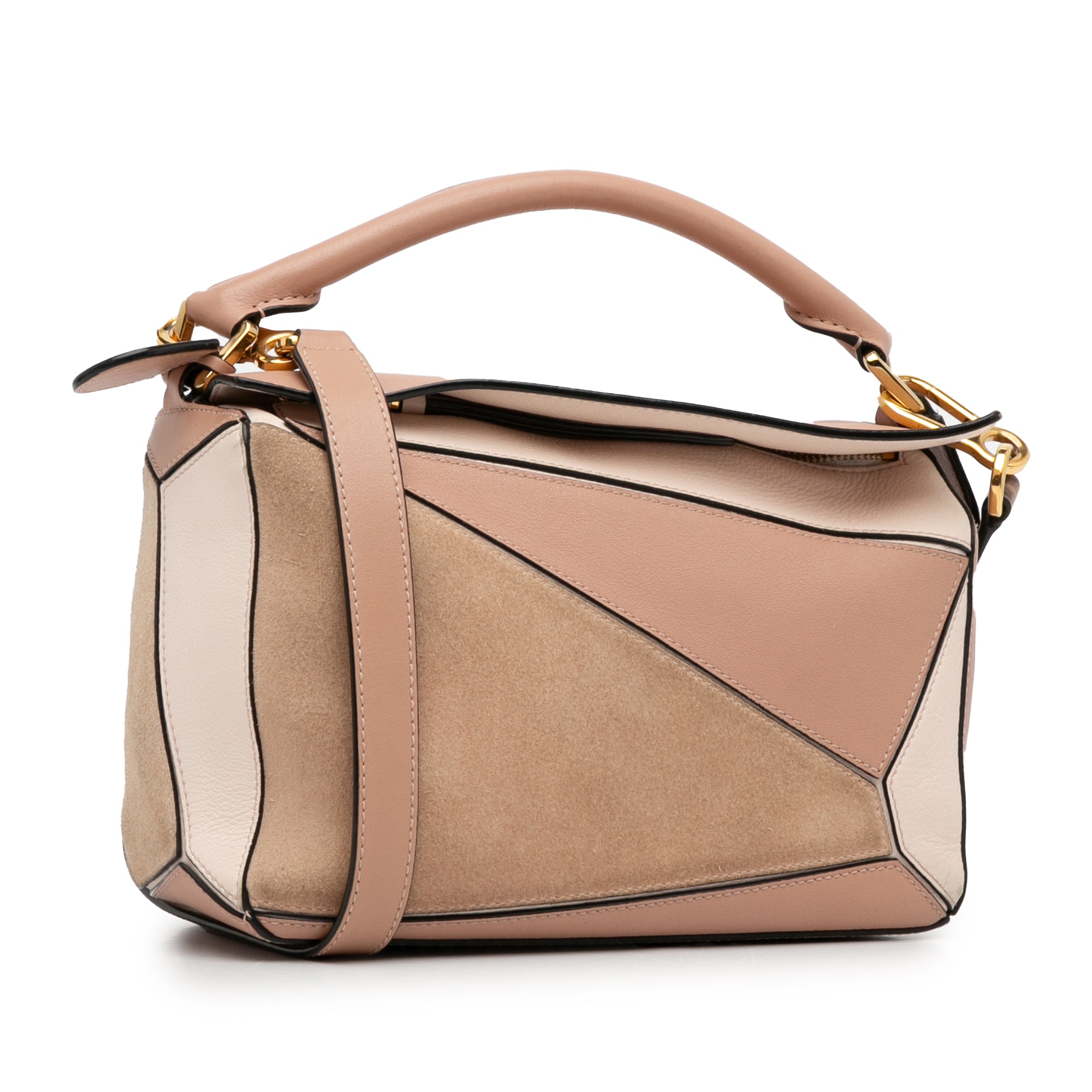 Small Tricolor Calfskin and Suede Puzzle Satchel