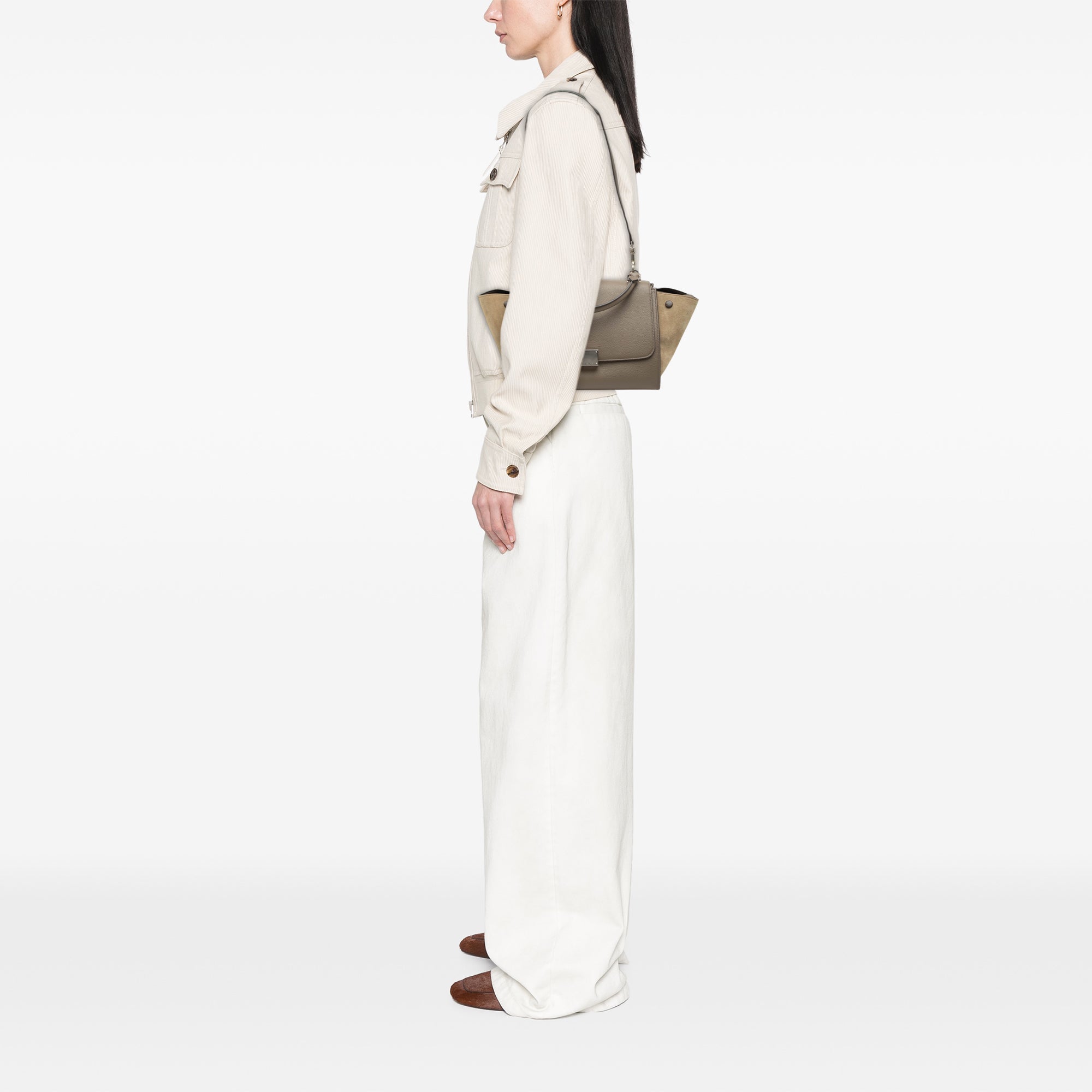 Small Bicolor Calfskin and Suede Trapeze Satchel